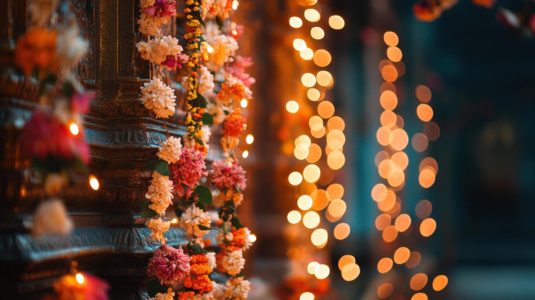 Ornamental floral garlands and warm lights adorn a dark structure. photo