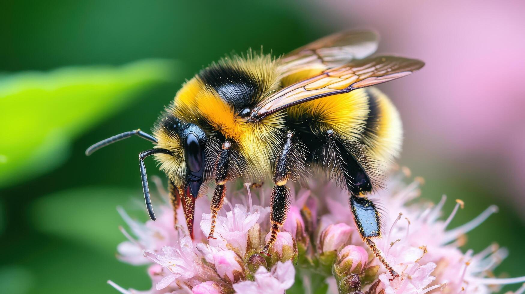 Close-up view of a fuzzy bee on a cluster of pink flowers. photo
