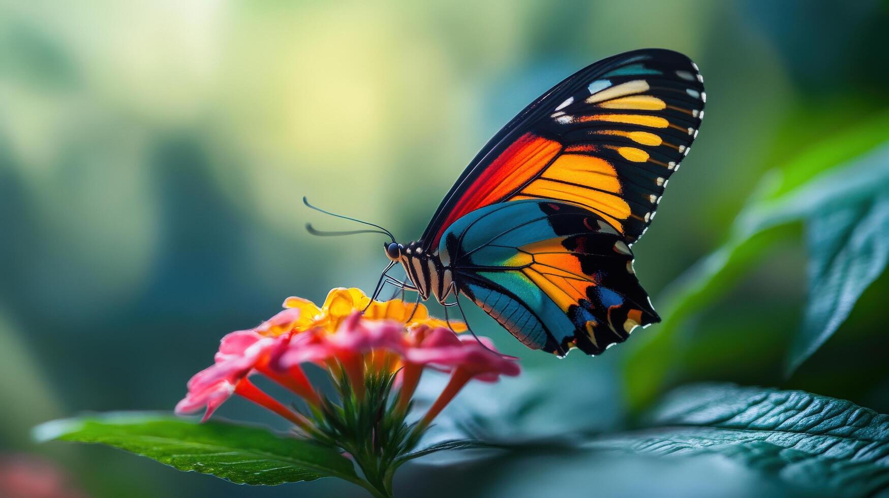 Vibrant butterfly resting on a flower in a garden setting. photo