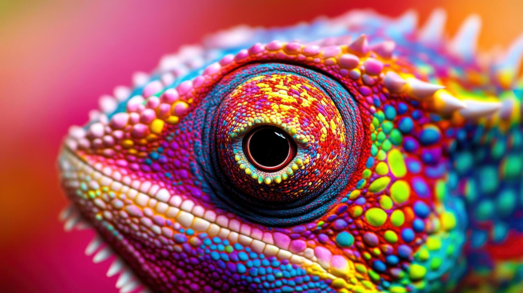 Close-up view of a vibrantly colored chameleon. photo
