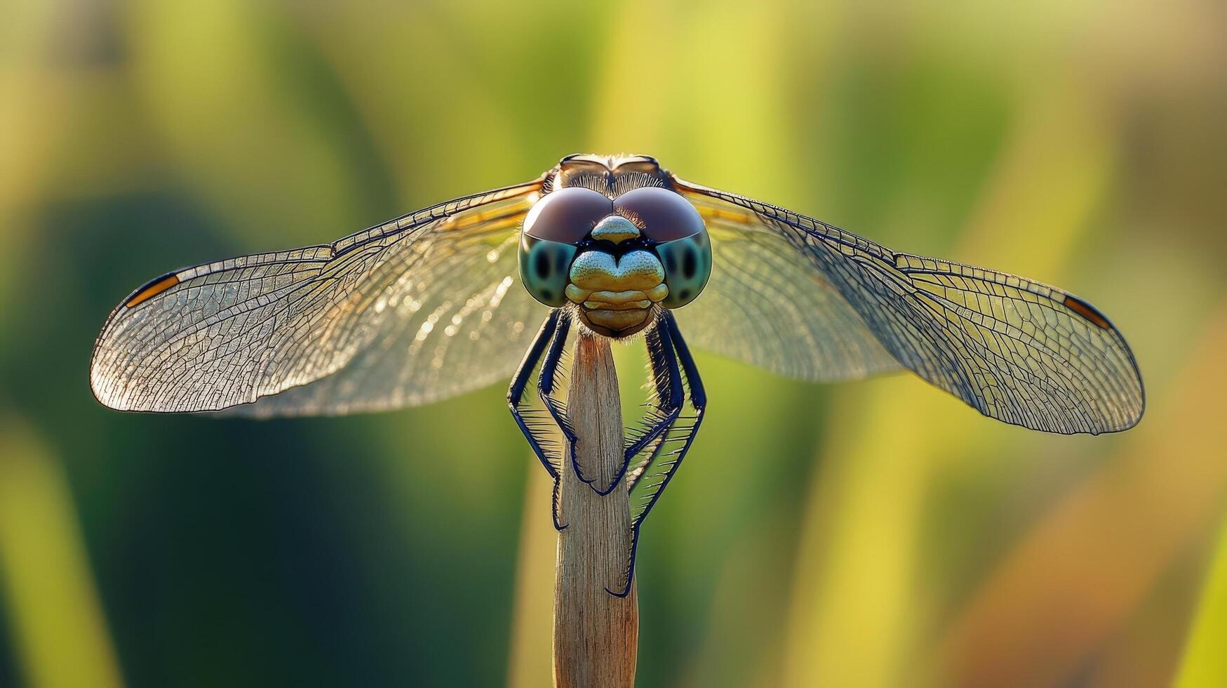 Close-up view of a dragonfly's face on a plant stem. photo