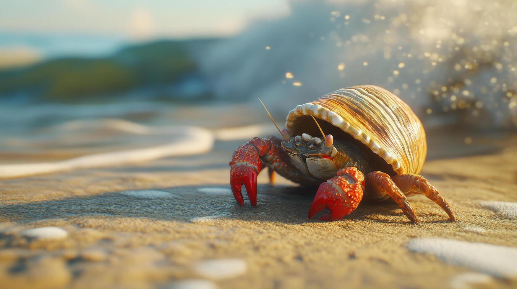 A hermit crab on sandy shore with a shell. photo