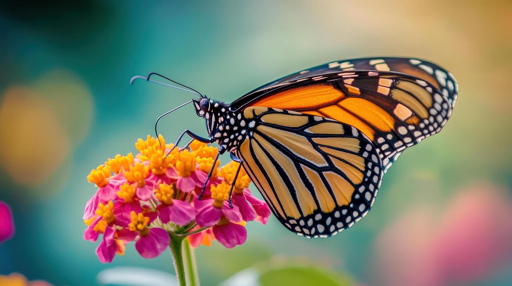 Vibrant monarch butterfly on a flower in soft focus. photo