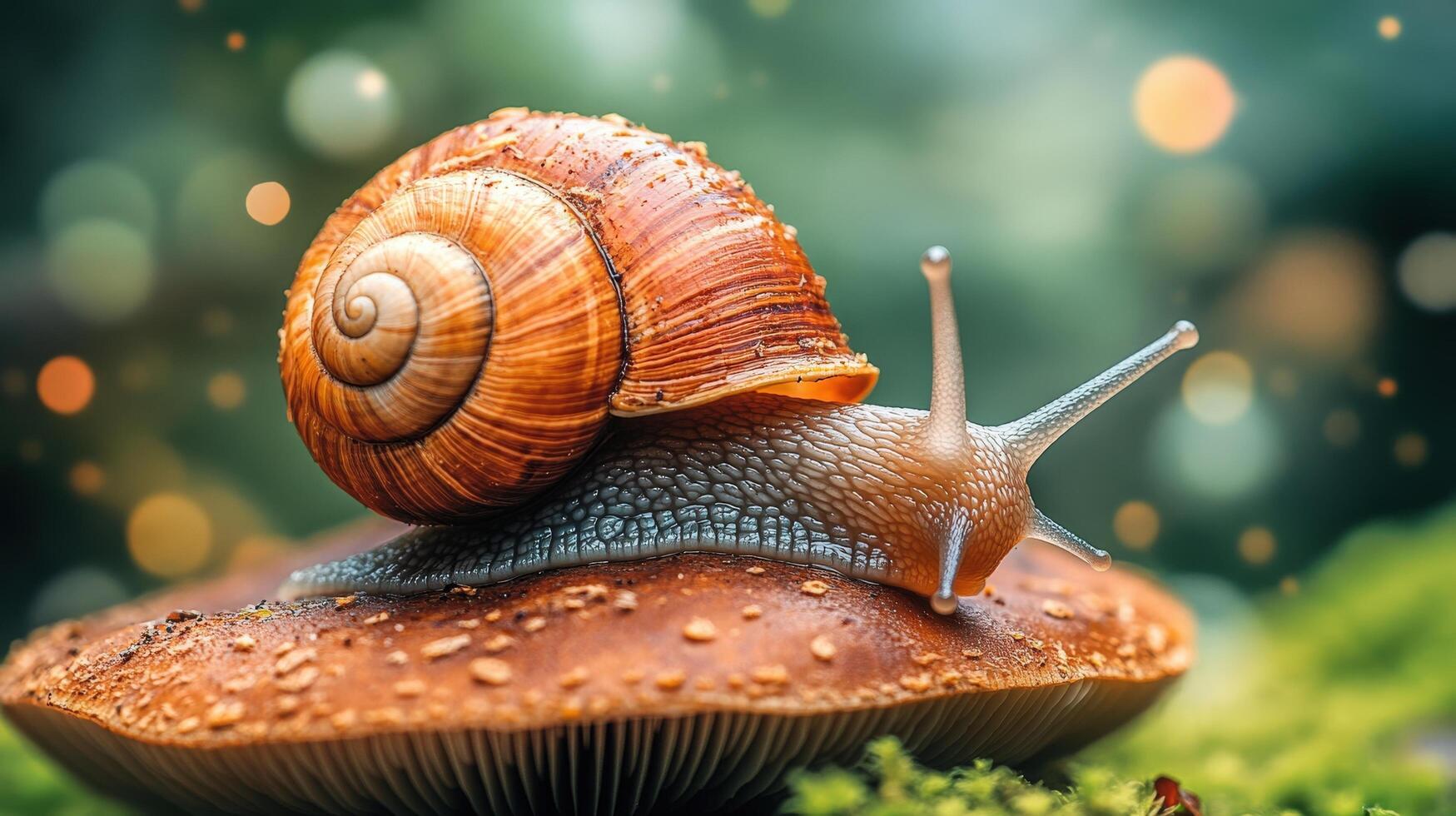 A close-up view of a snail on a mushroom cap. photo