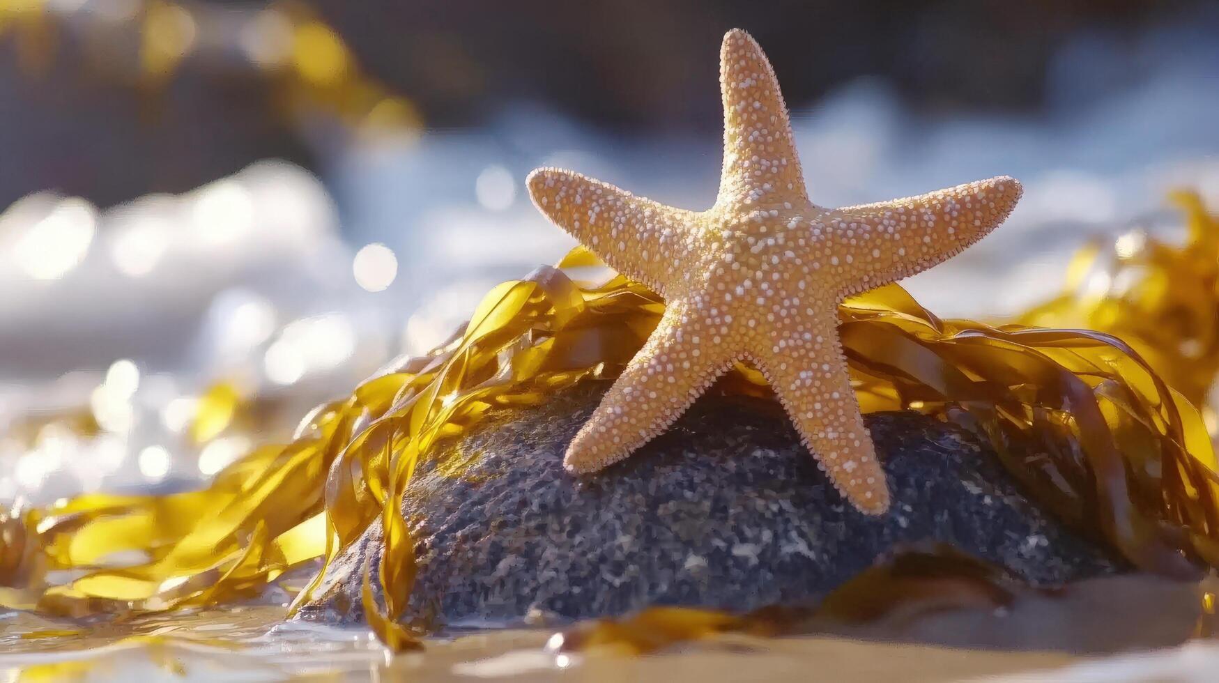 Close-up of a starfish on a rock amongst seaweed. photo