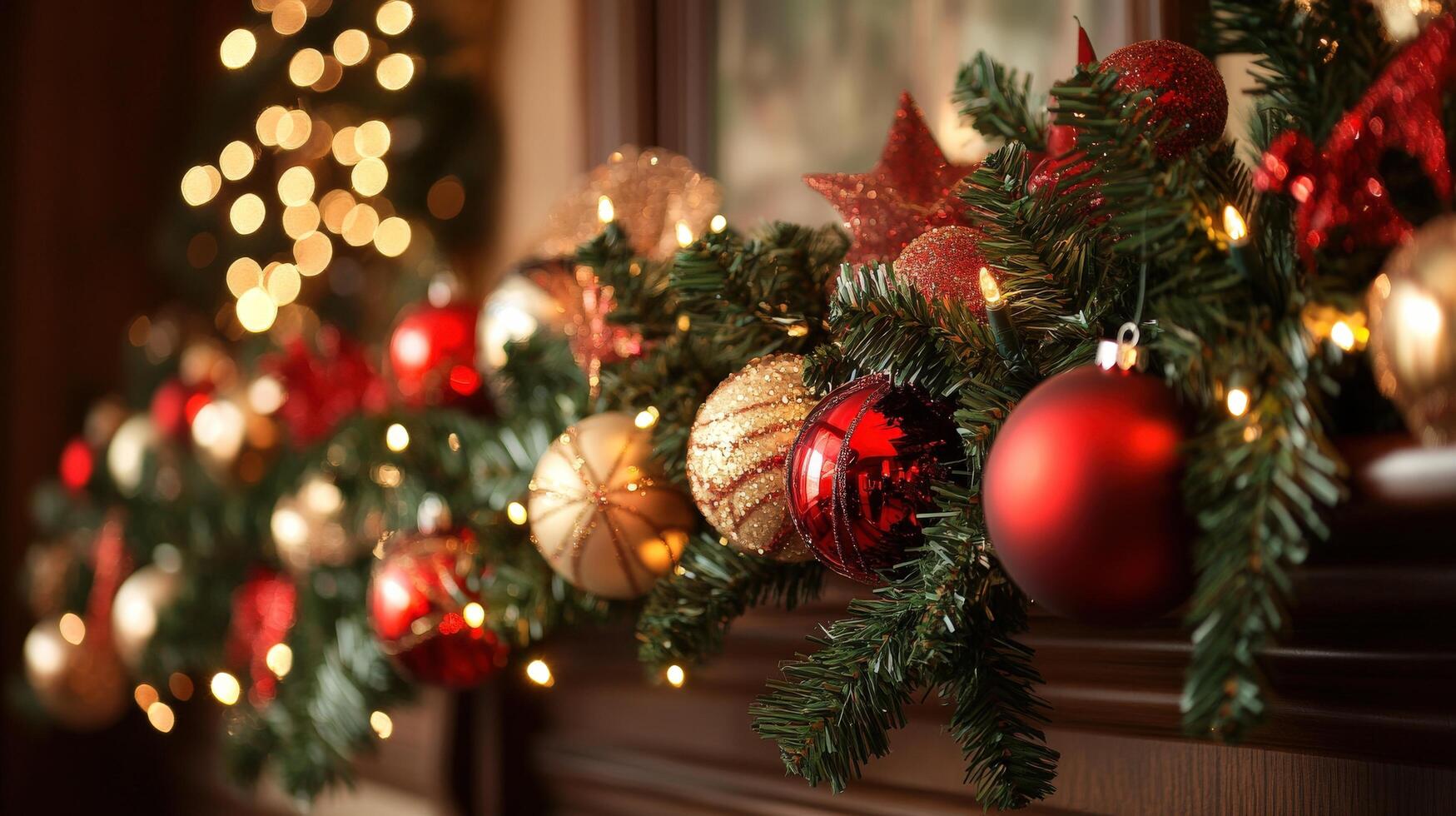 Festive christmas decorations on a dark mantelpiece. photo