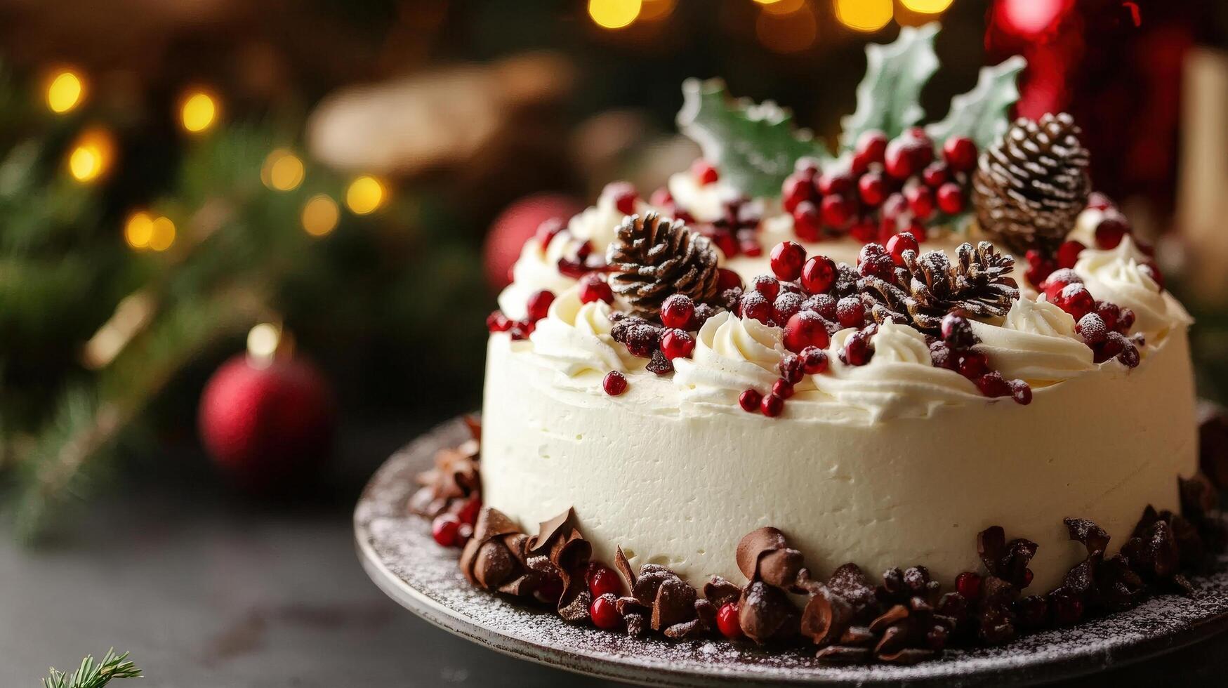 Festive white cake decorated with holiday accents. photo