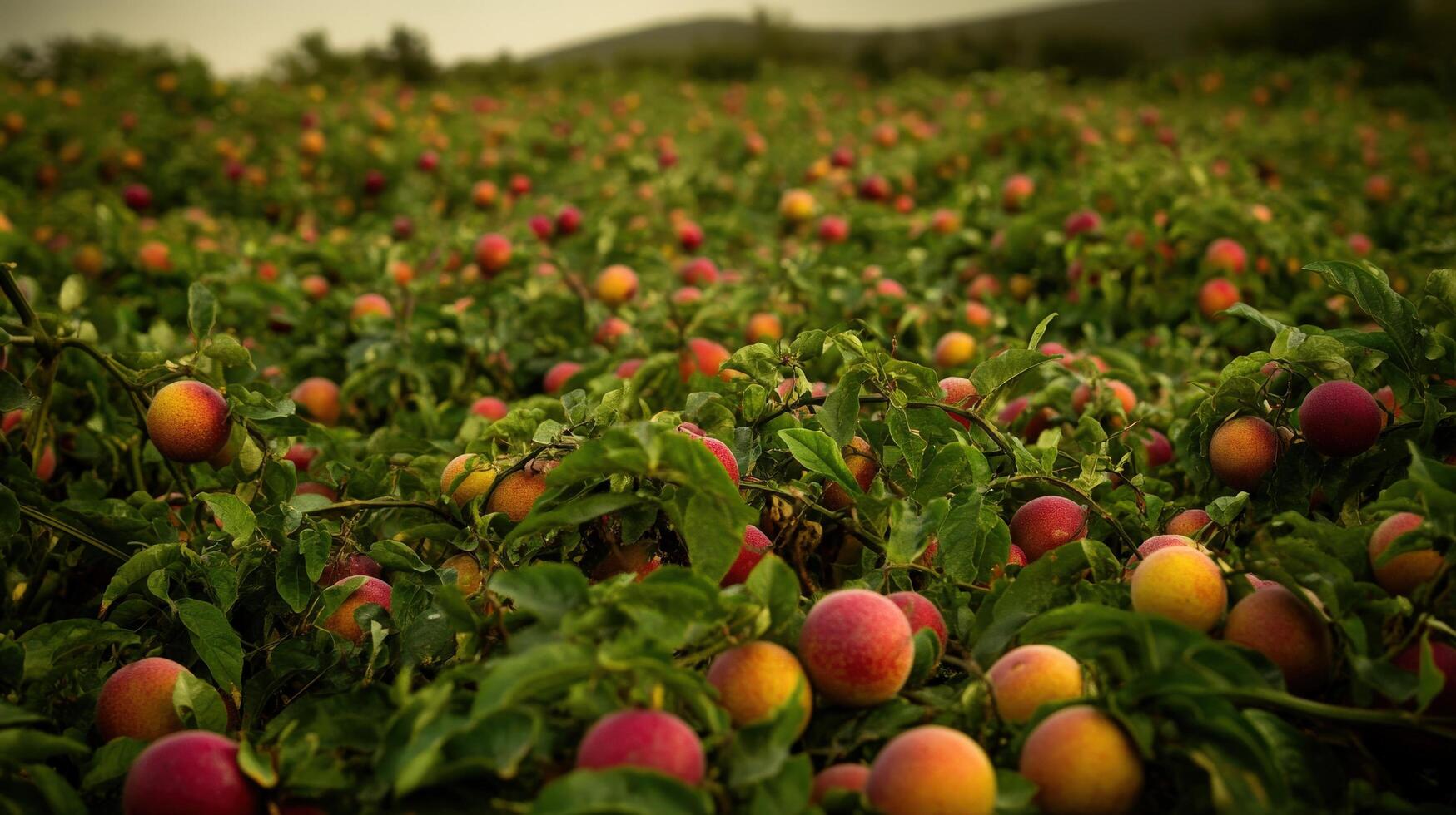 A field of ripe peaches overflowing with fruit. photo