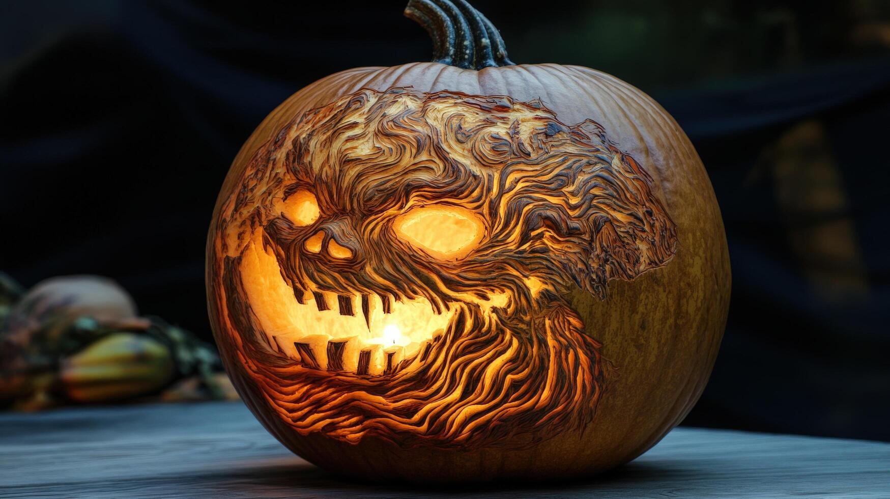 Intricate carved pumpkin, glowing with inner light. photo
