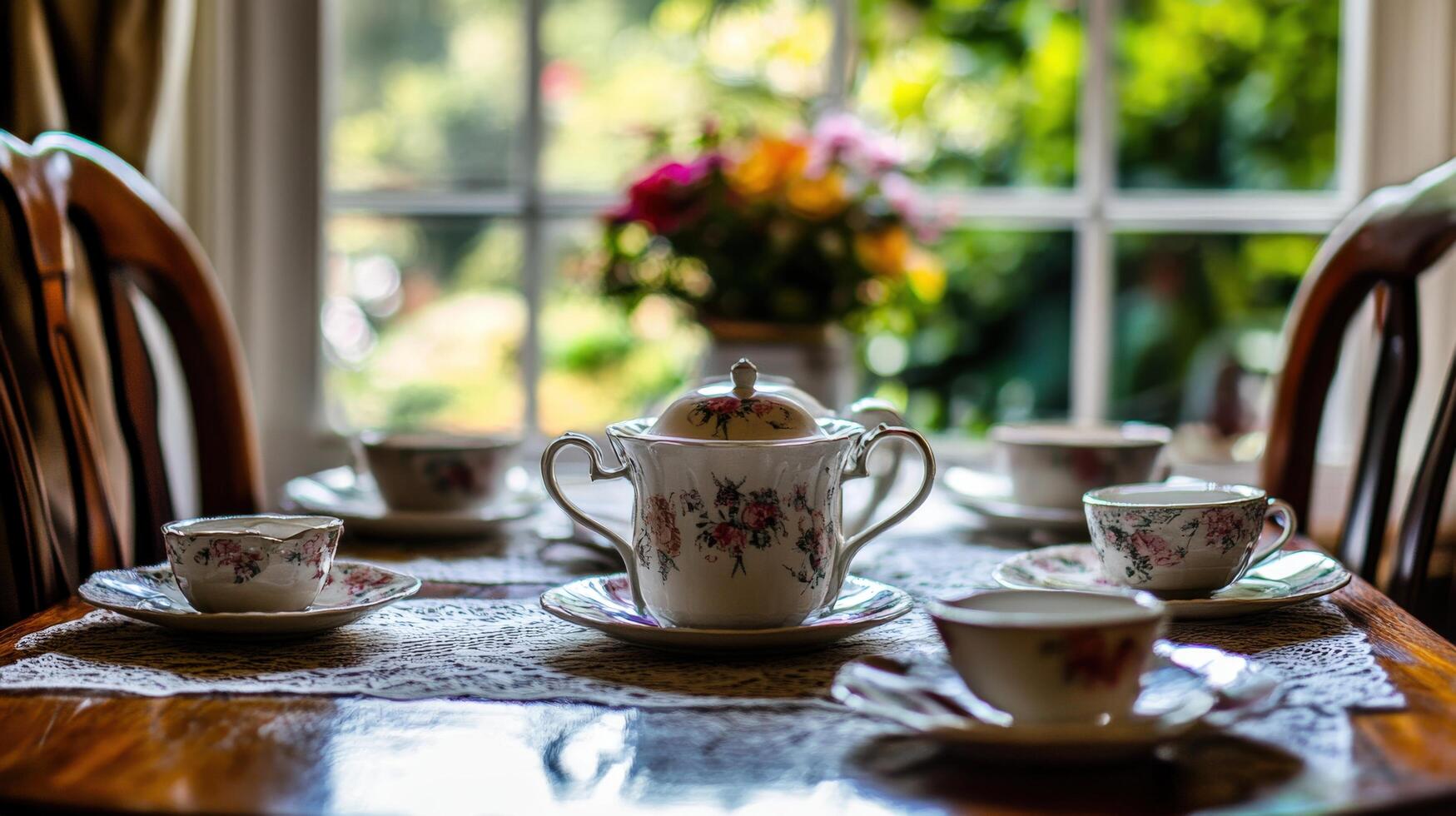 Elegant tea set displayed on a wooden table. photo