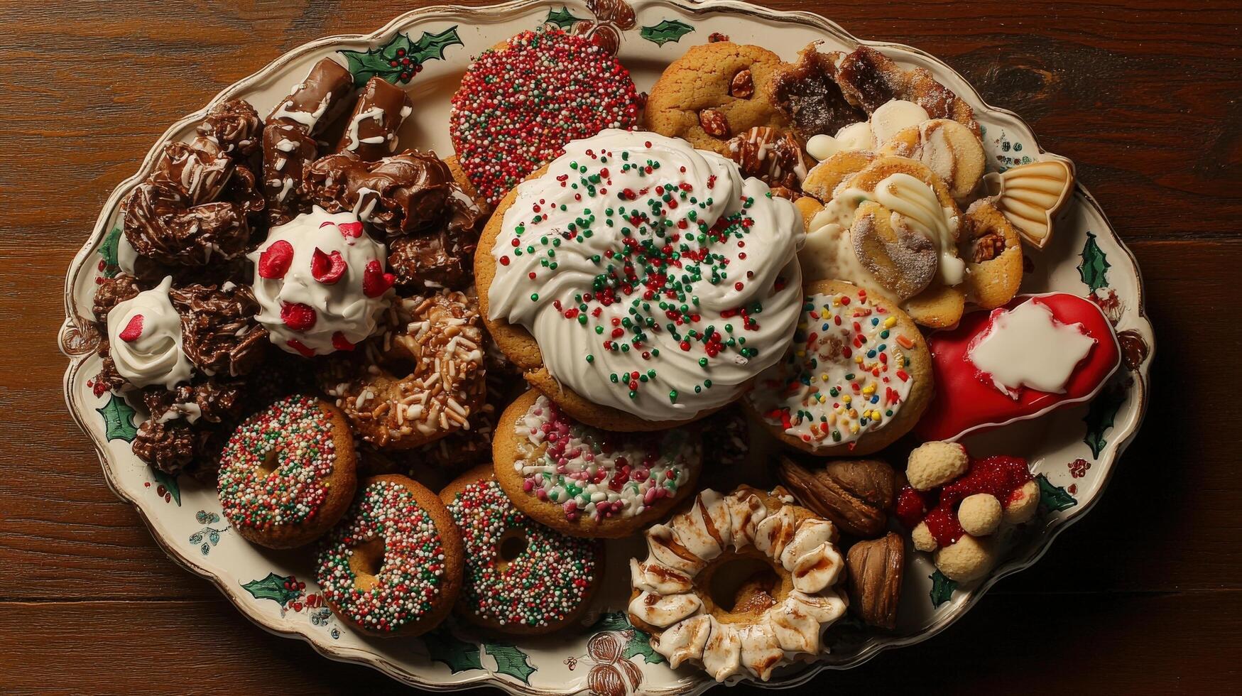 Festive assortment of holiday cookies and treats on a platter. photo