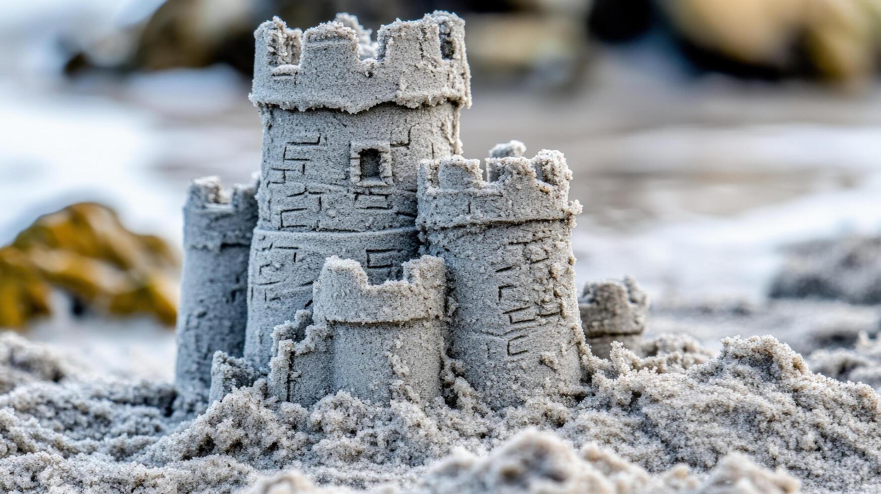 Detailed gray sandcastle creation on the beach. photo