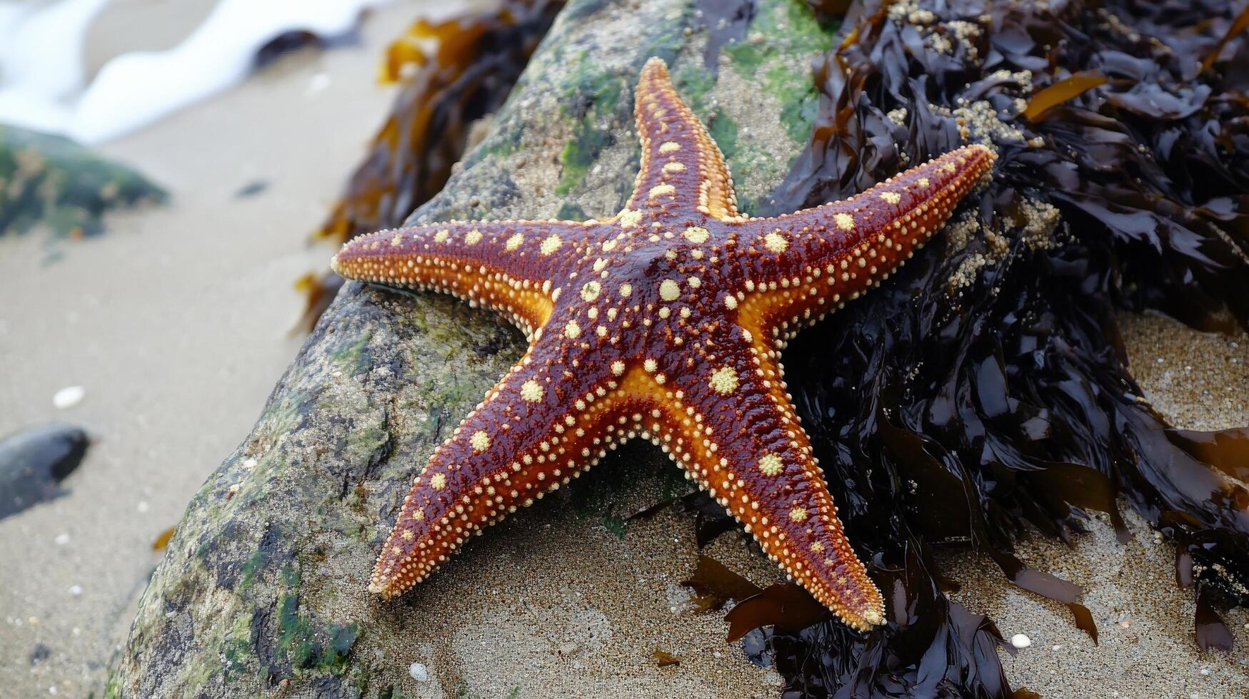 Spotted starfish resting on a rocky shoreline. photo