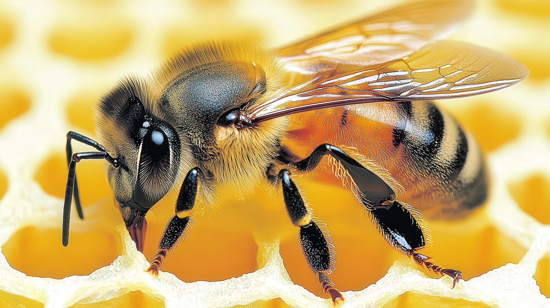 Close-up of a honeybee resting on honeycomb cells. photo