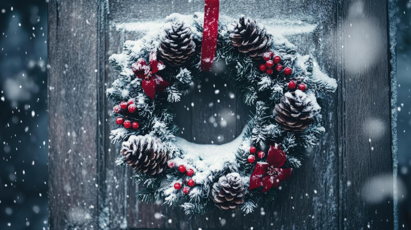Festive winter wreath adorned with snow on a wooden door. photo