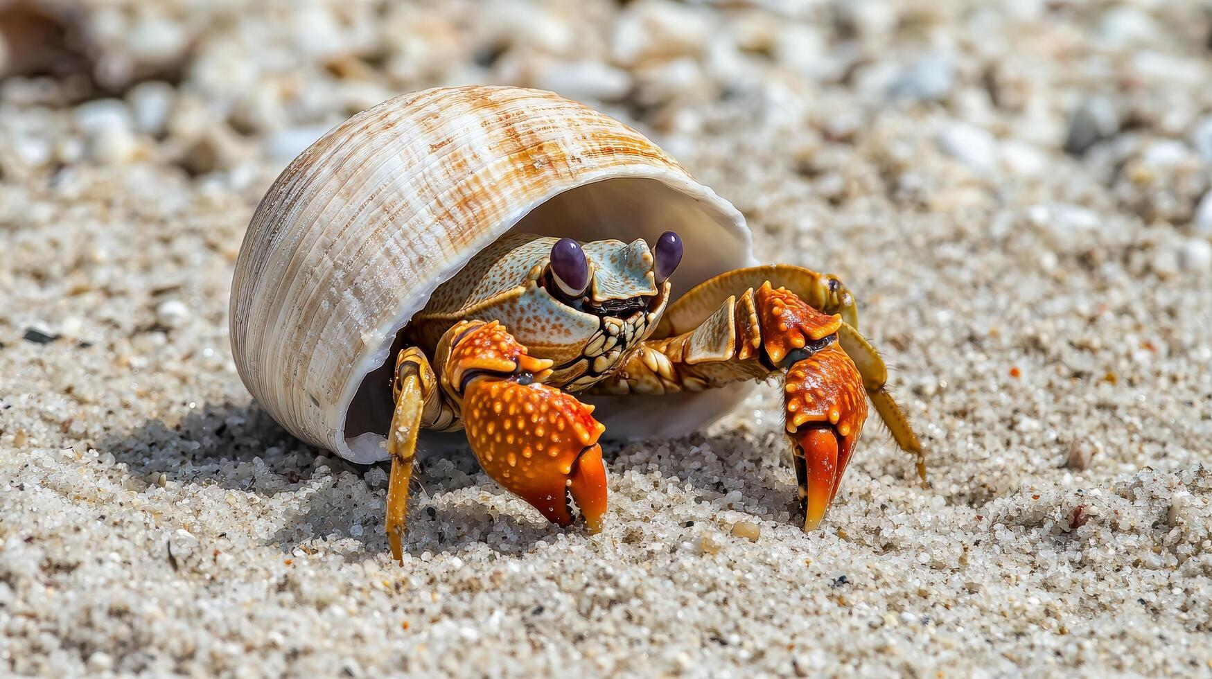 A hermit crab nestled comfortably within a seashell on sand. photo