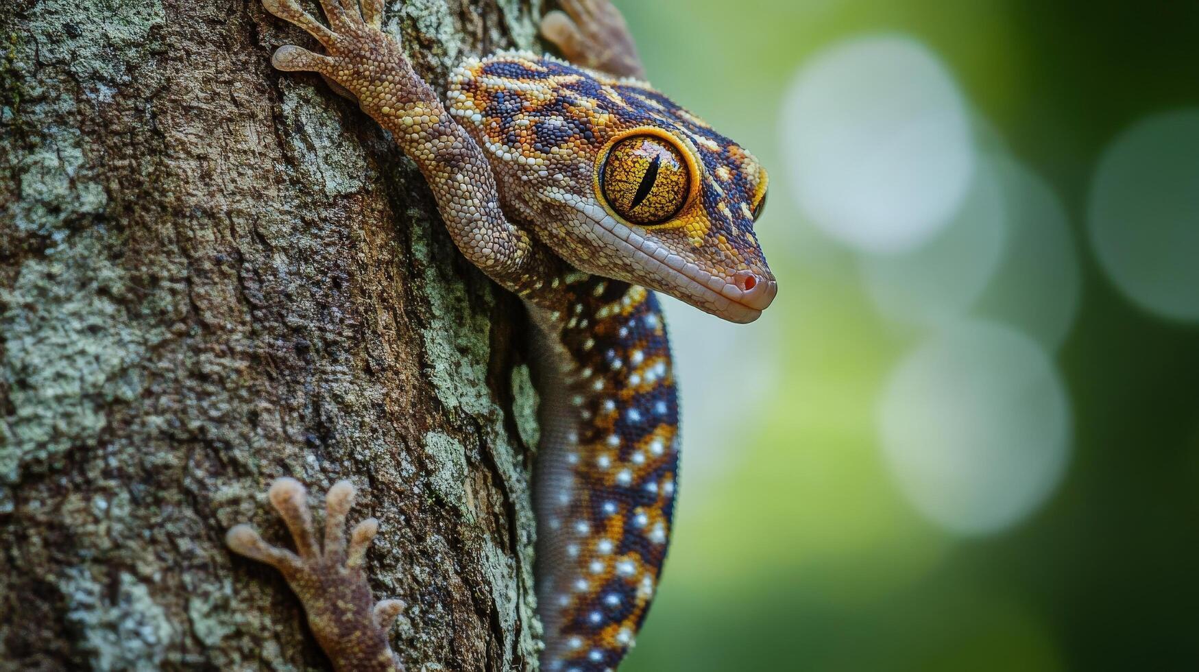 A geckole on a tree trunk with its eyes open photo