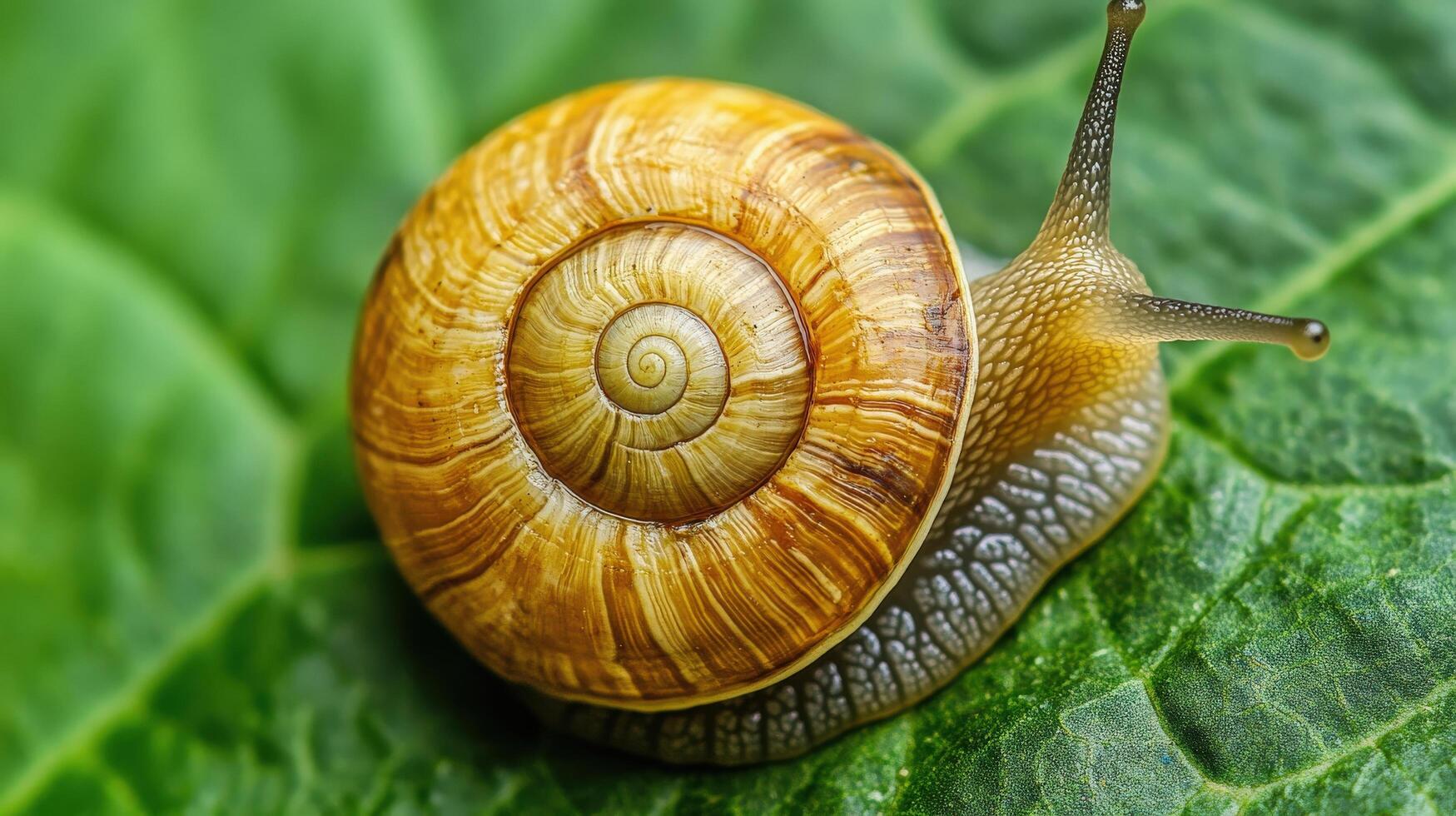 Close-up of a snail on a vibrant green leaf. photo