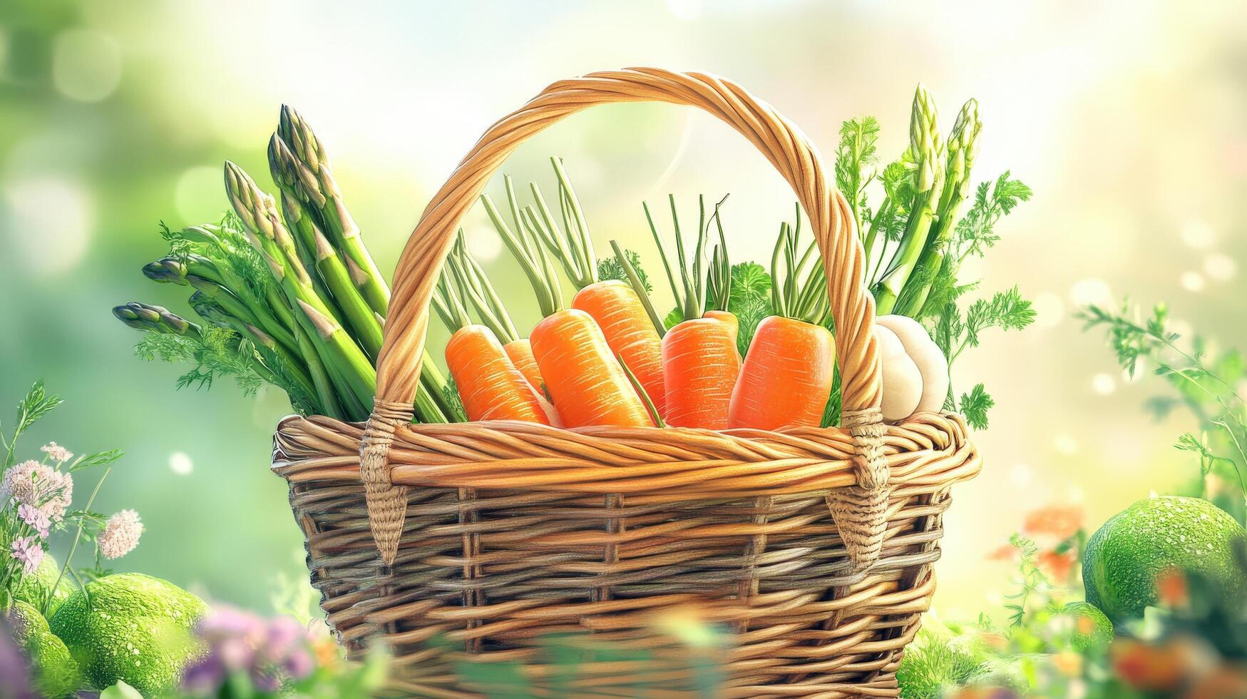Colorful basket overflowing with fresh vegetables in springtime. photo