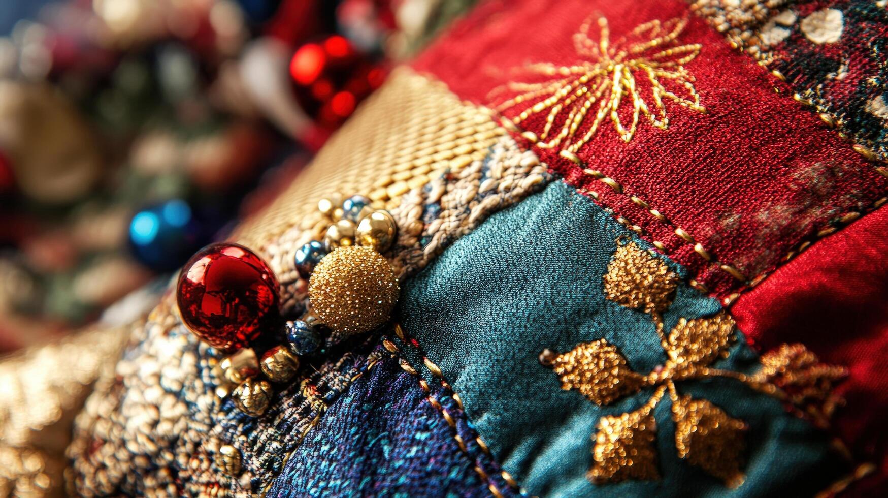 Close-up view of richly colored, intricately stitched textile. photo