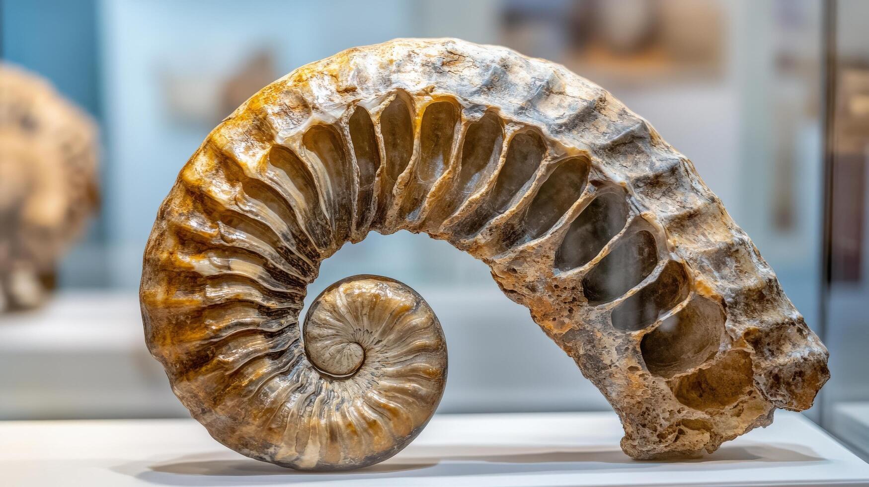 Ancient spiral fossil exhibit displayed indoors. photo