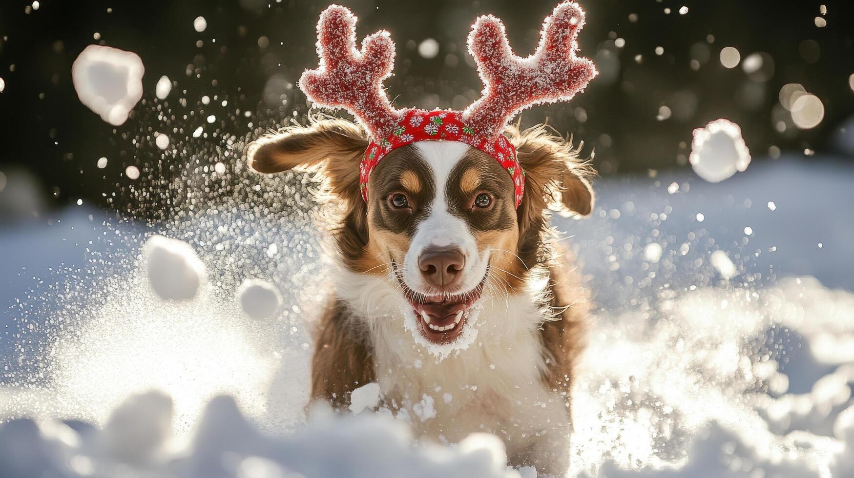 Playful canine in festive headband running through snowy terrain. photo