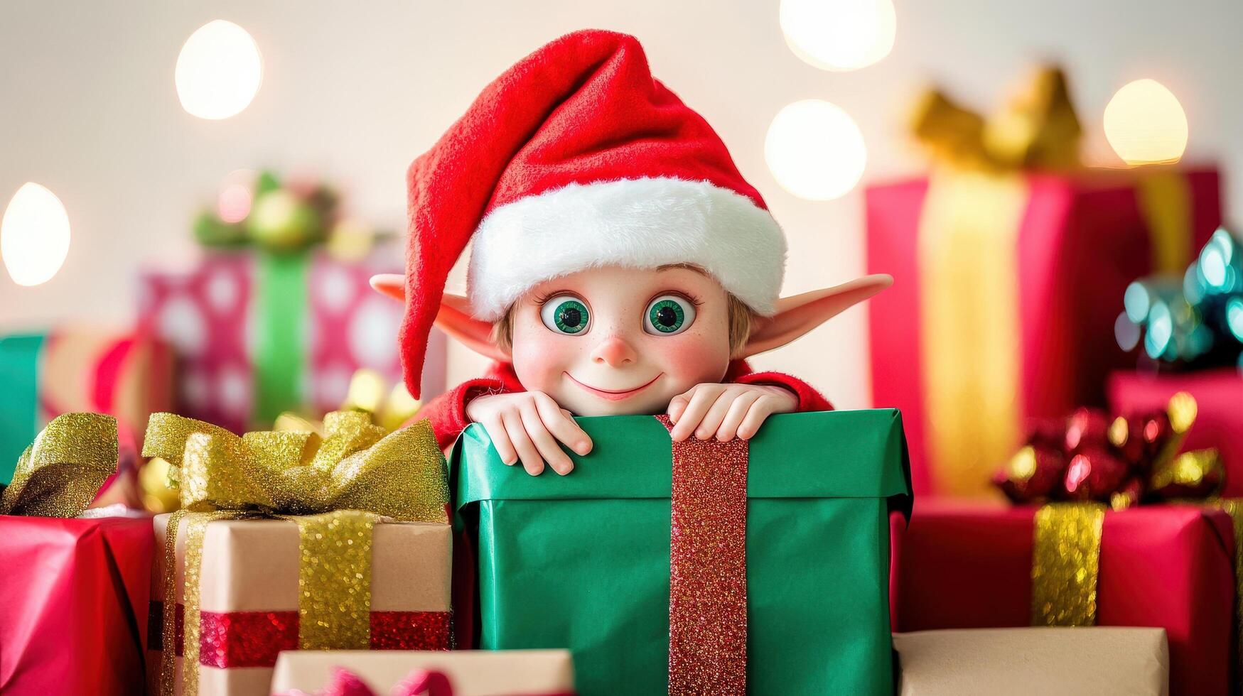 Festive elf figurine amidst wrapped presents. photo