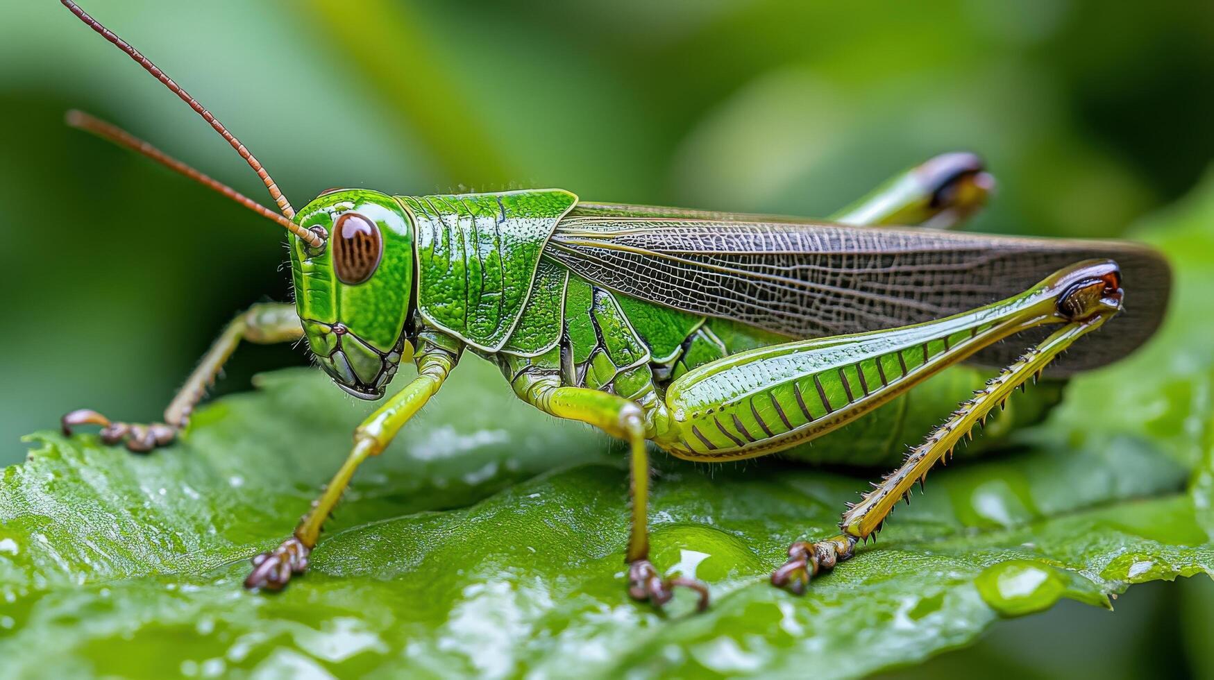Close-up of a vibrant green grasshopper on a leaf. photo