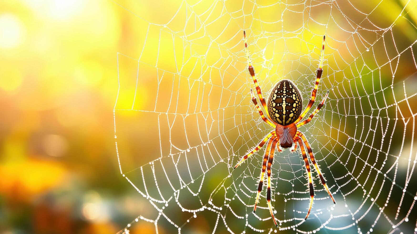 A spider in its intricate web bathed in golden sunlight. photo