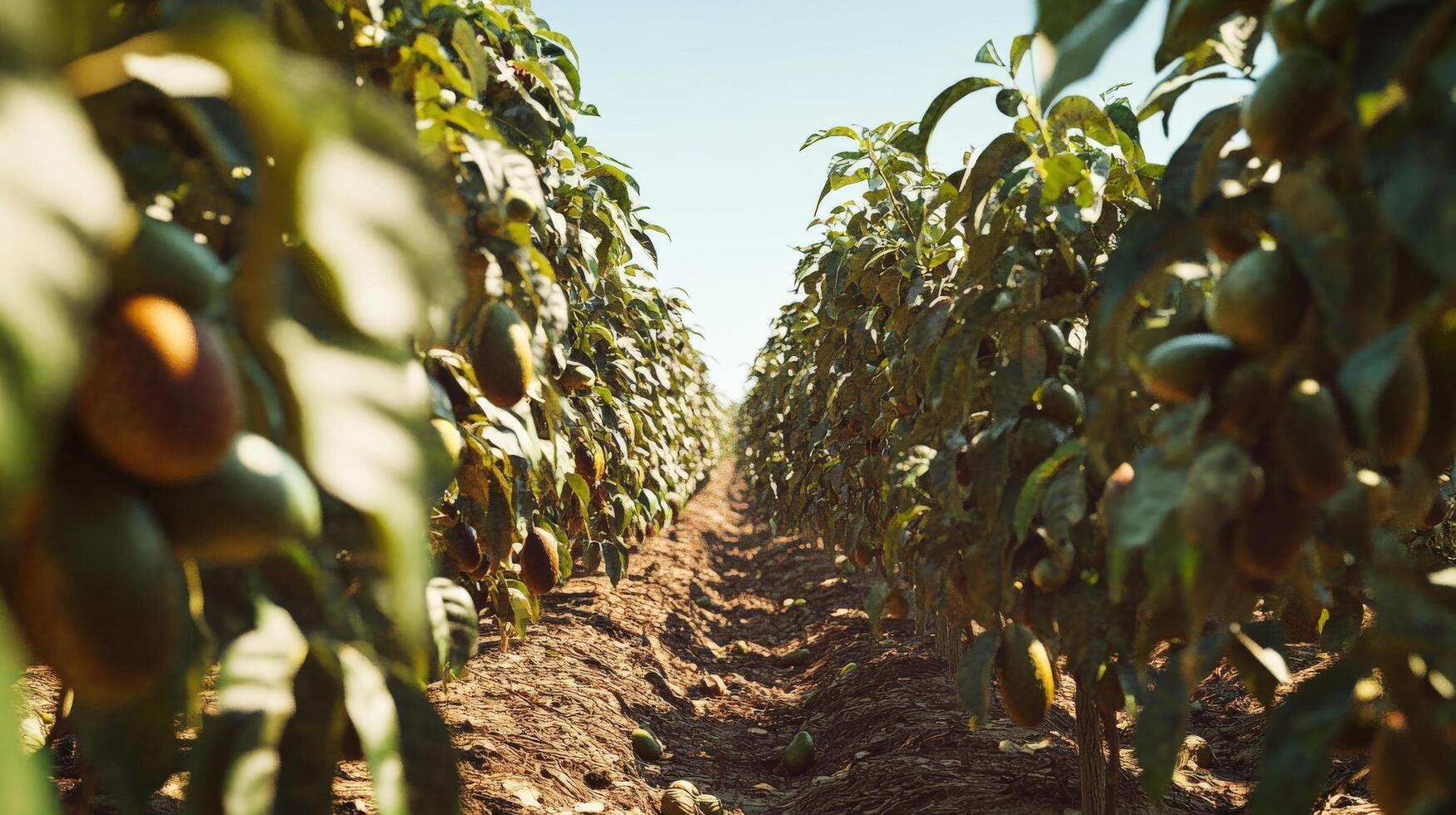 A sunlit avenue of avocado trees in a farm. photo