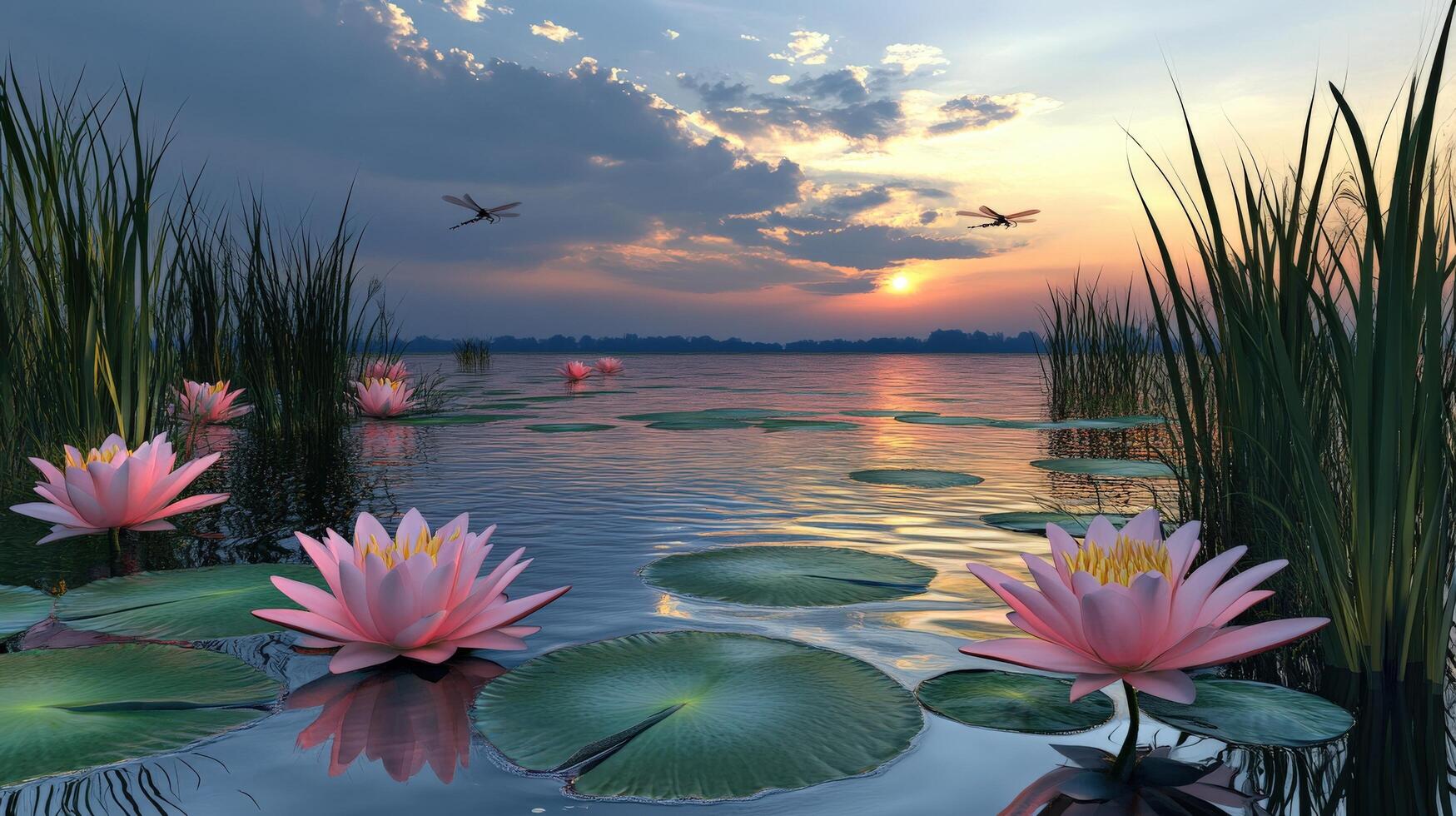 Serene sunset over a tranquil lake with water lilies. photo
