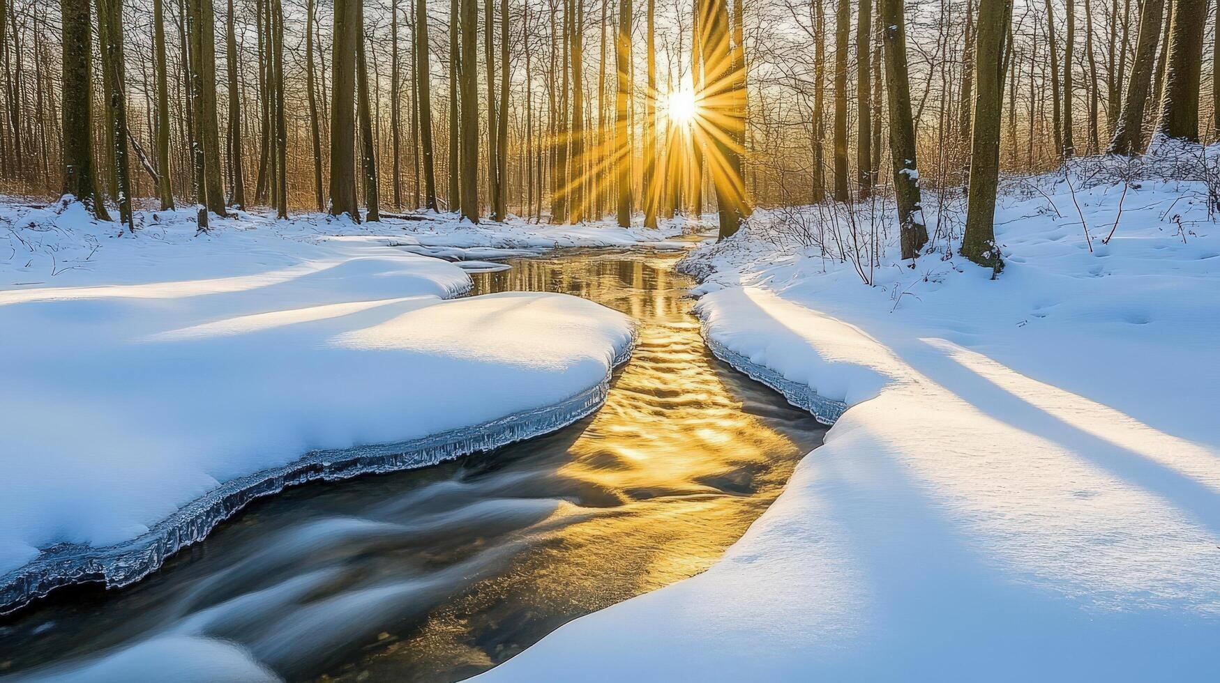 Winter sunbeams stream through a snowy forest brook. photo