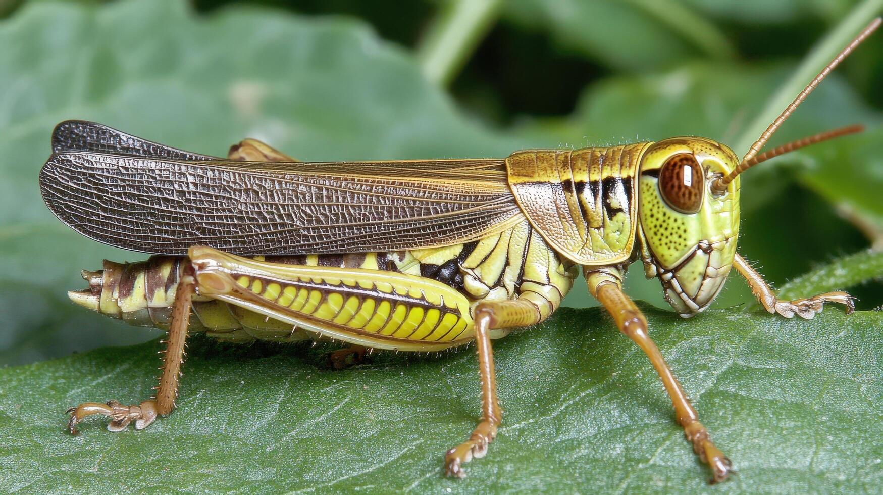 Close-up view of a grasshopper on a green leaf. photo