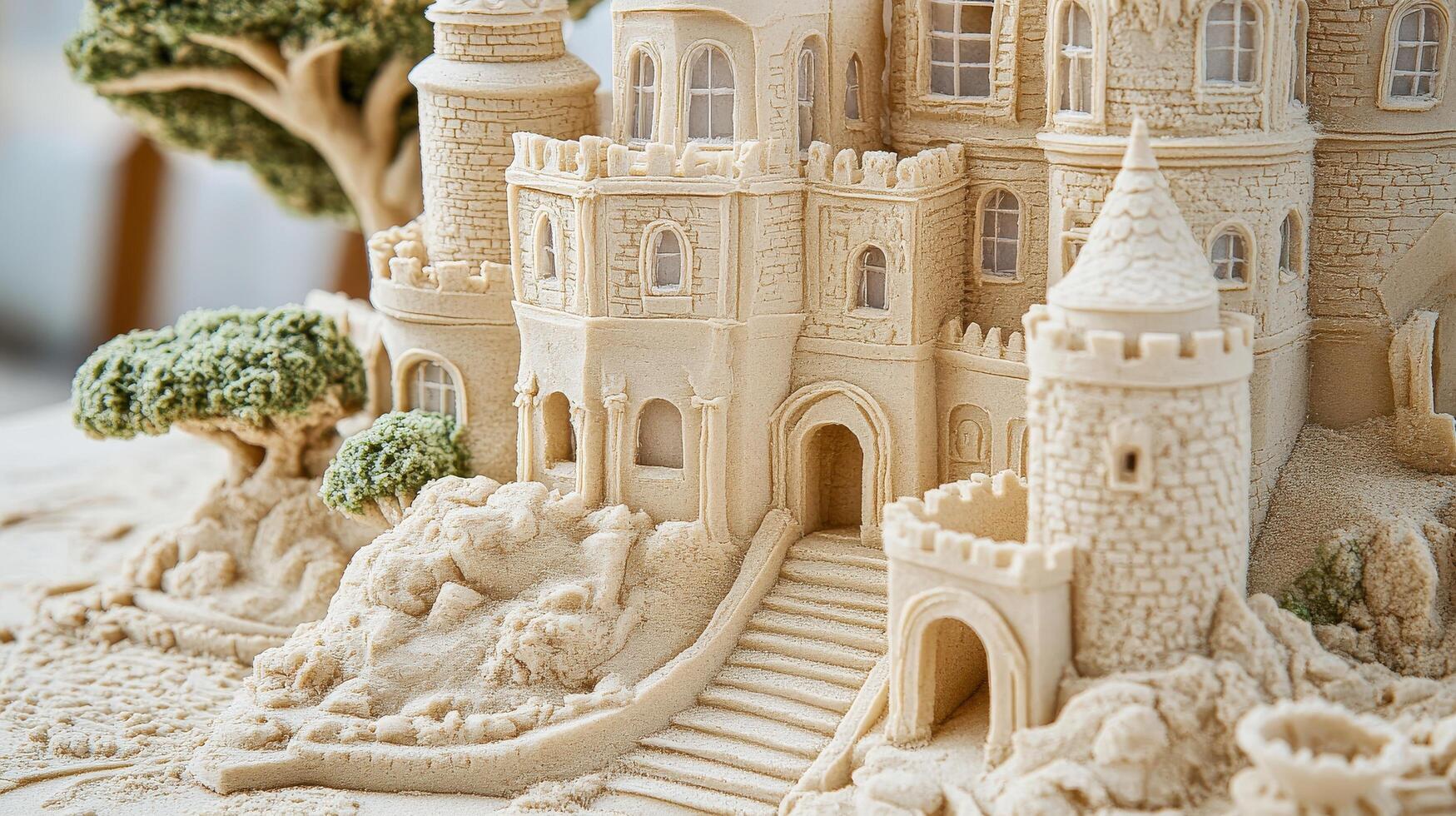 Detailed sandcastle structure of a fairytale castle. photo