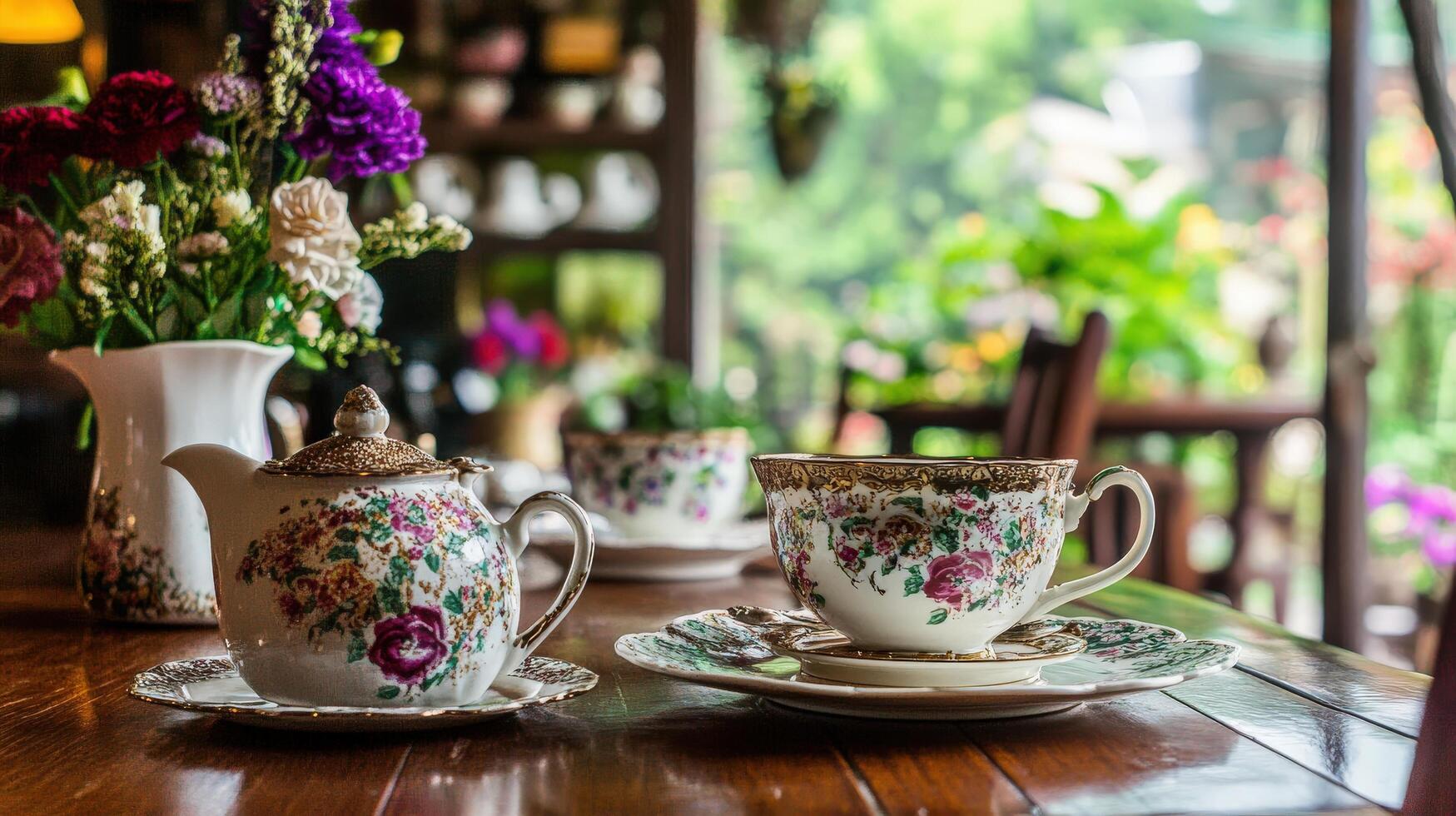 Elegant tea set with floral design on a wooden table. photo