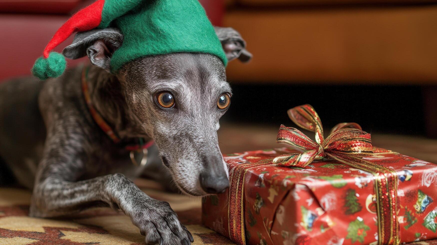 Grayhound with festive hat near a wrapped gift. photo