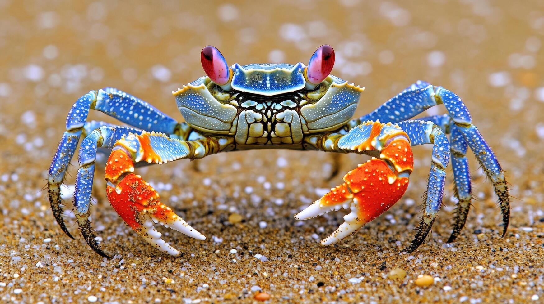 Vibrant colorful crab facing forward on sandy beach. photo