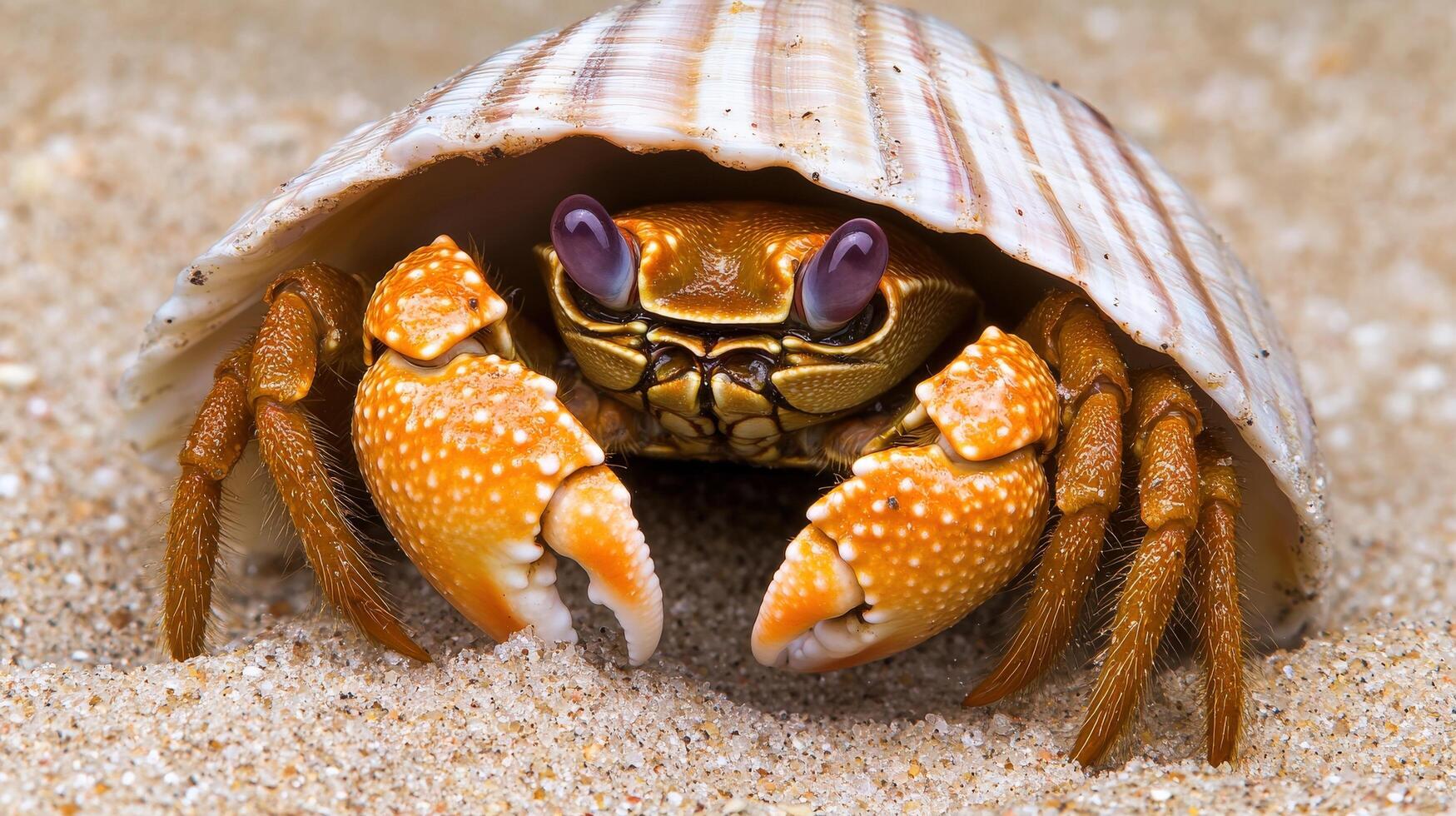 Small crab hidden within a seashell on sandy beach. photo