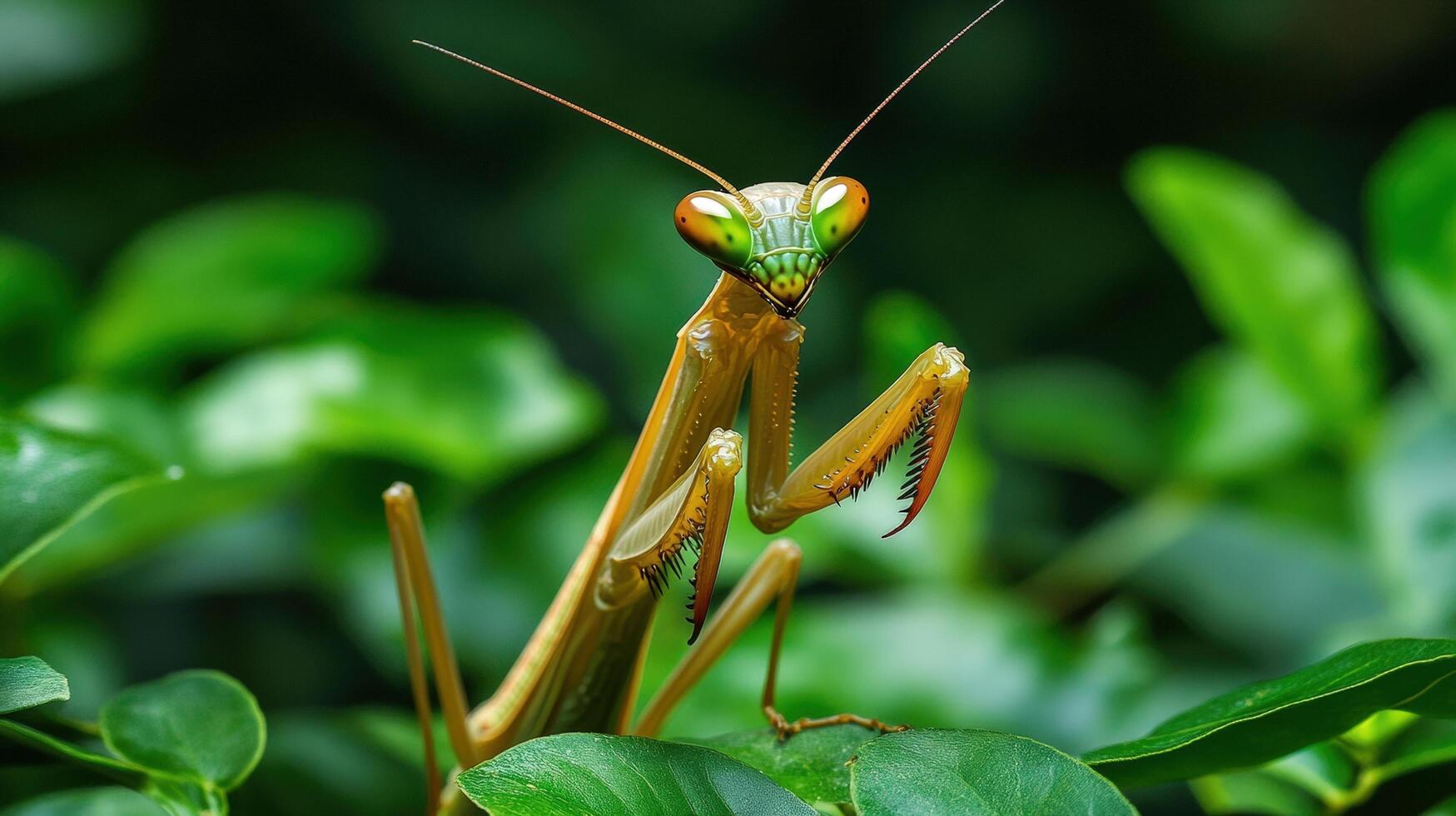 Close-up view of a vibrant praying mantis on lush foliage. photo