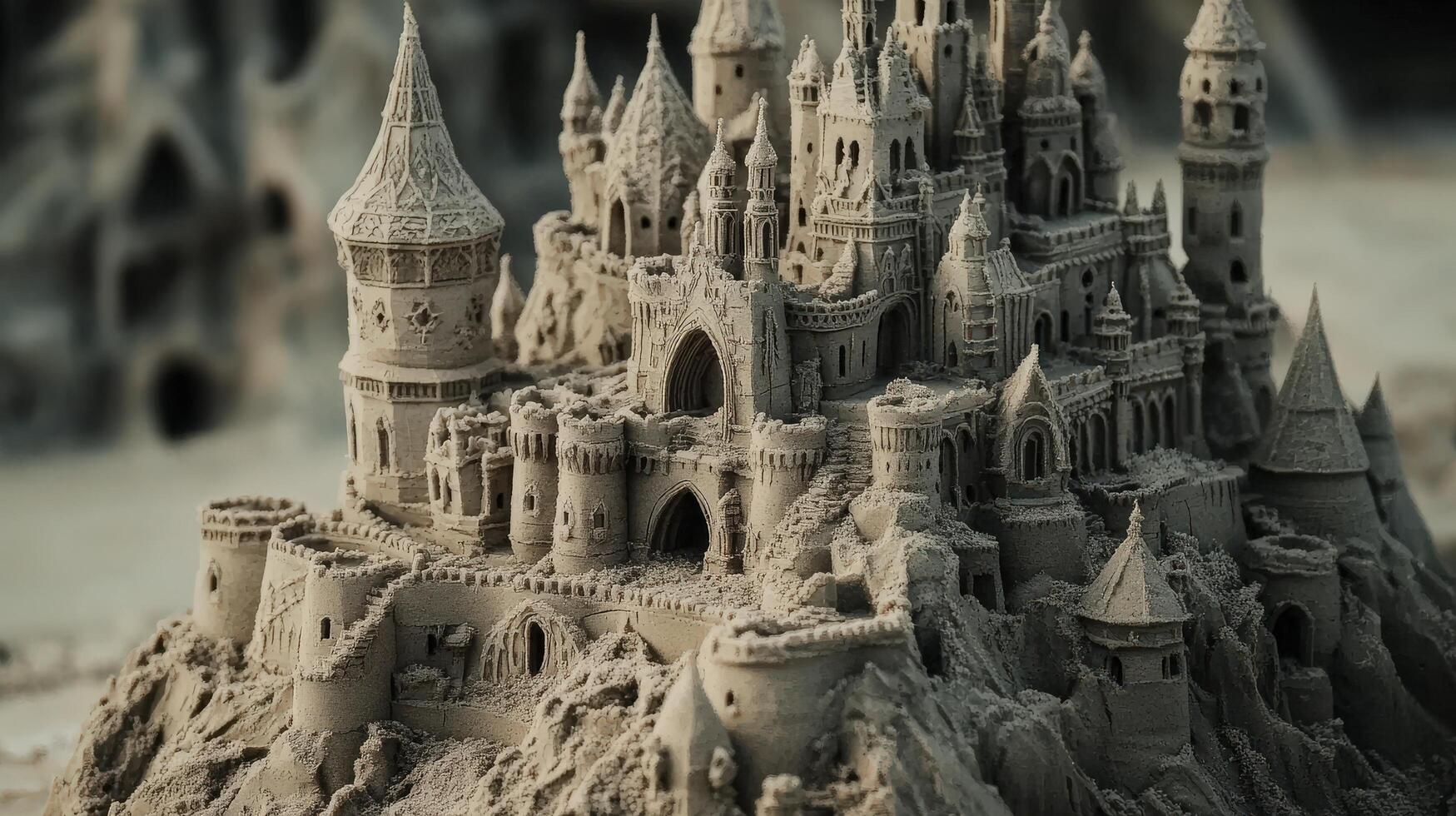 Detailed sandcastle structure with intricate medieval design. photo