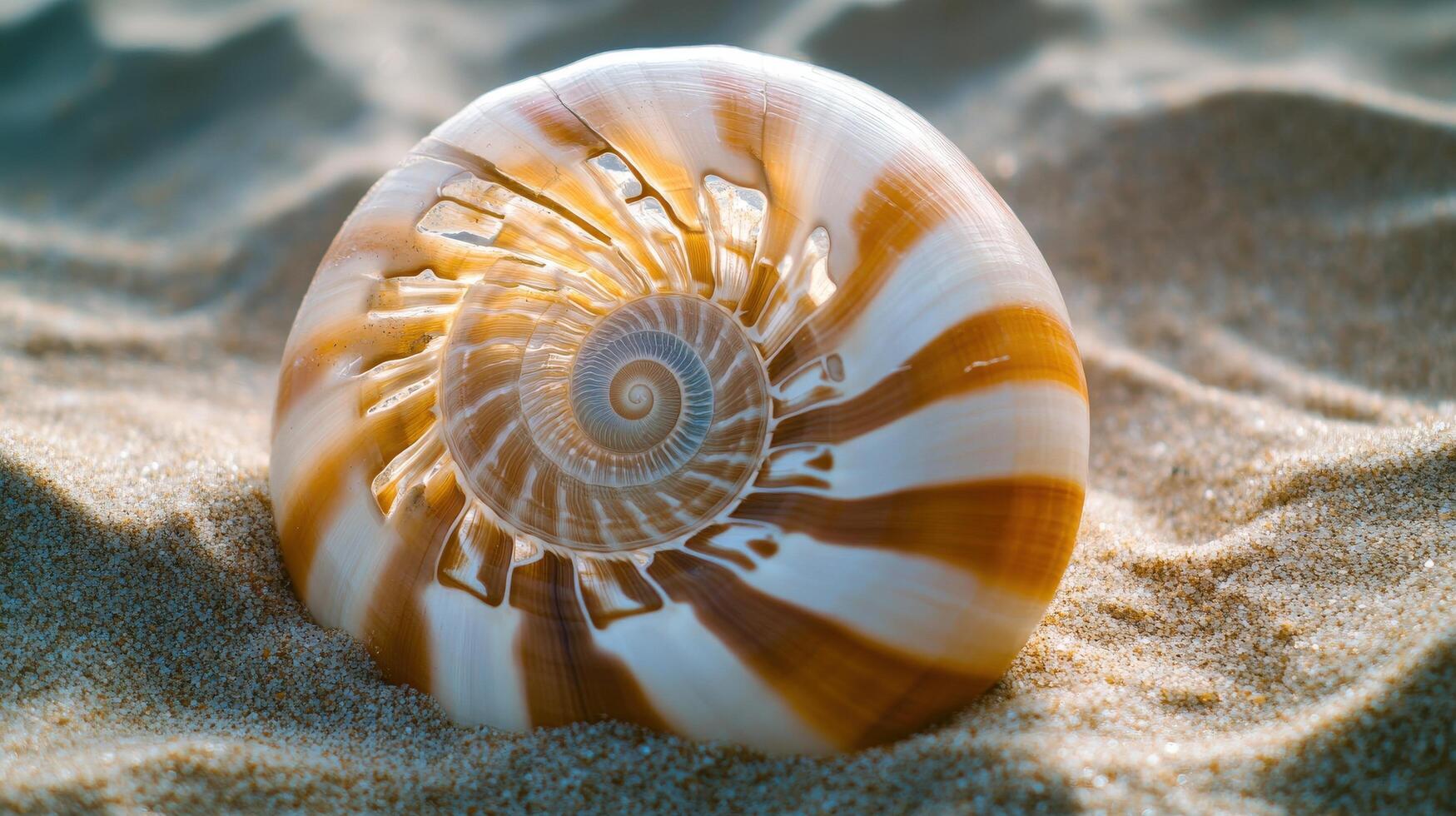 Detailed spiral shell resting on golden sand. photo