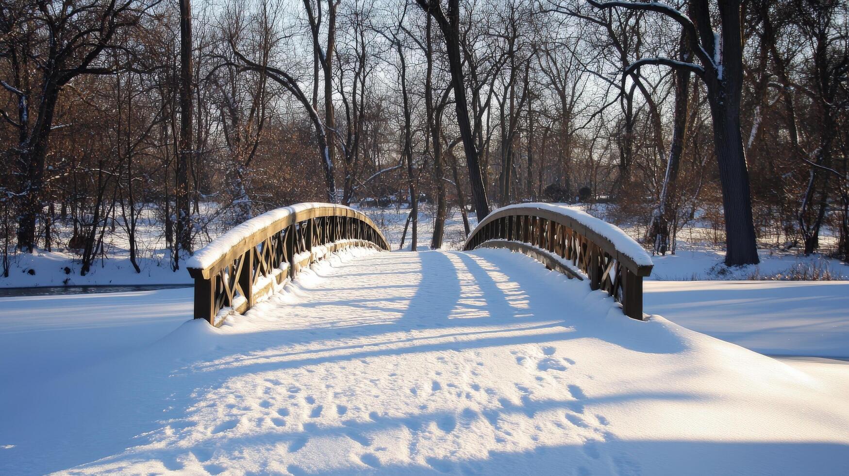 Snowy winter woodland bridge path through trees. photo
