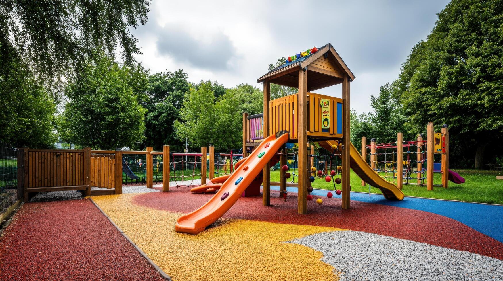 Colorful playground structure with vibrant play area. photo