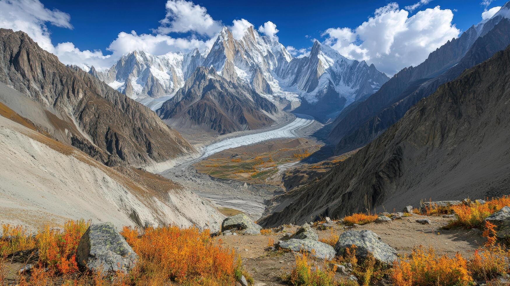 Majestic mountain range with glaciers and colorful foliage. photo