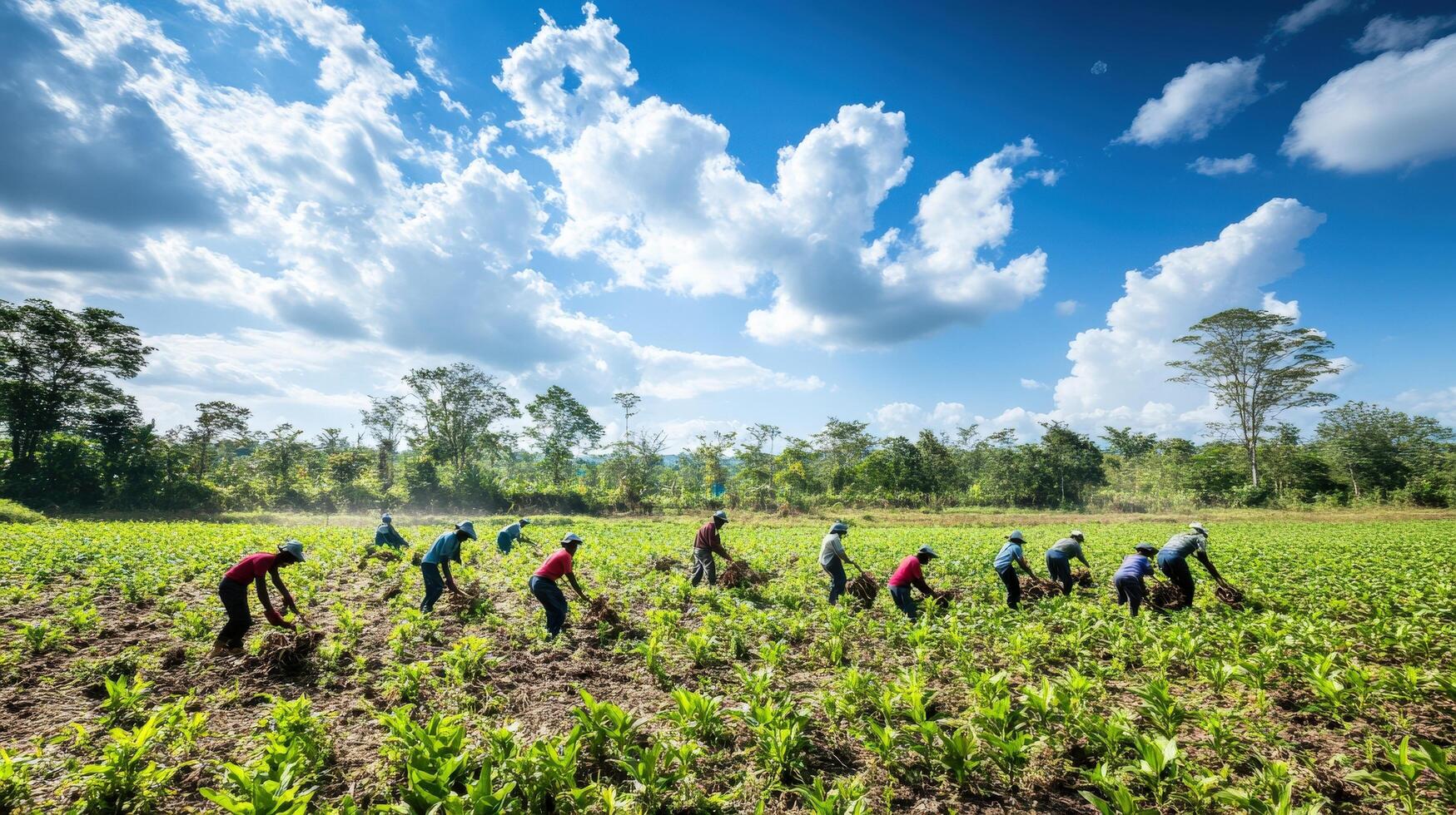 Rural agricultural workers cultivating a field under a vibrant sky. photo