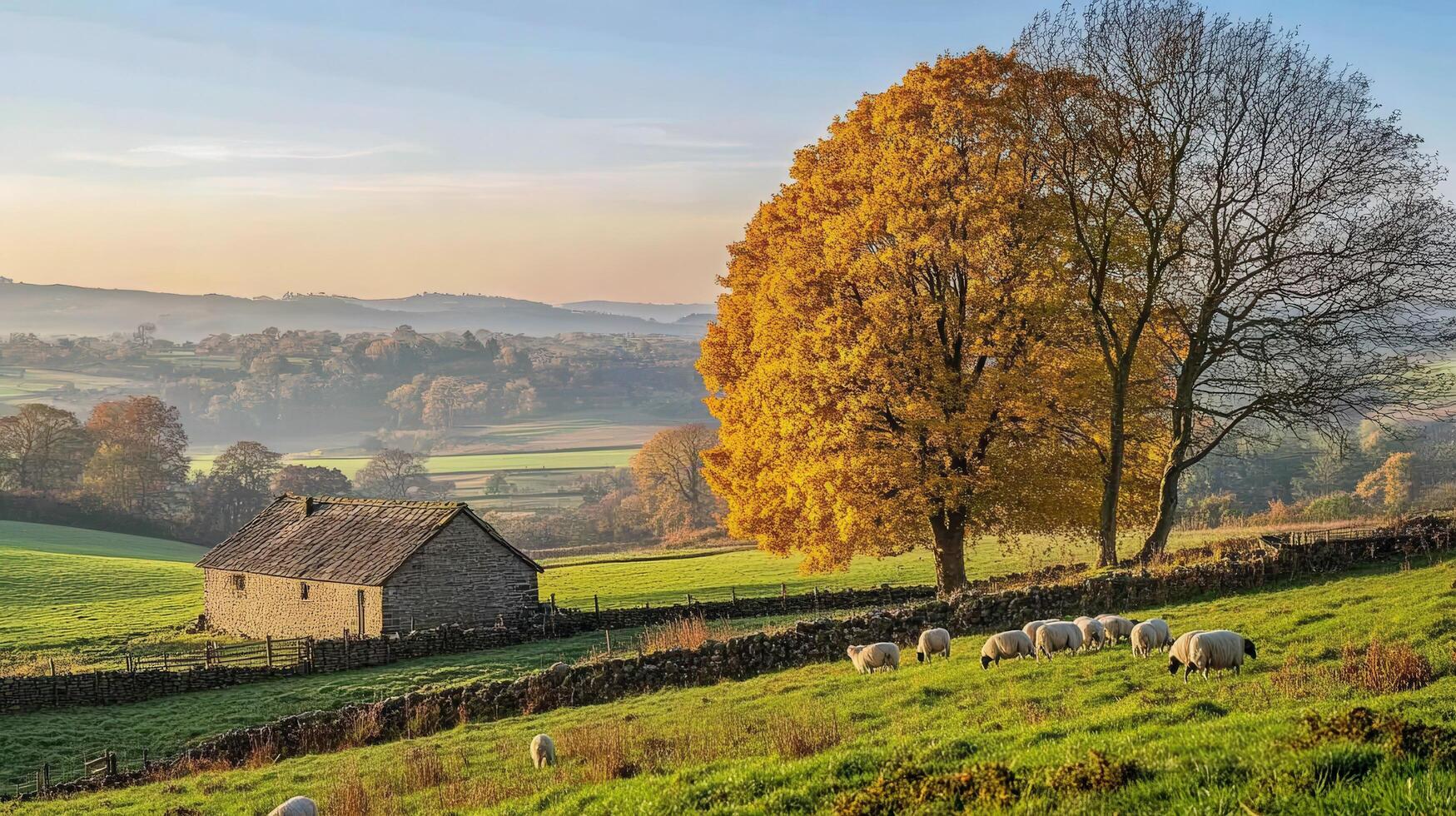 Rustic autumnal landscape with sheep and stone farmhouse. photo