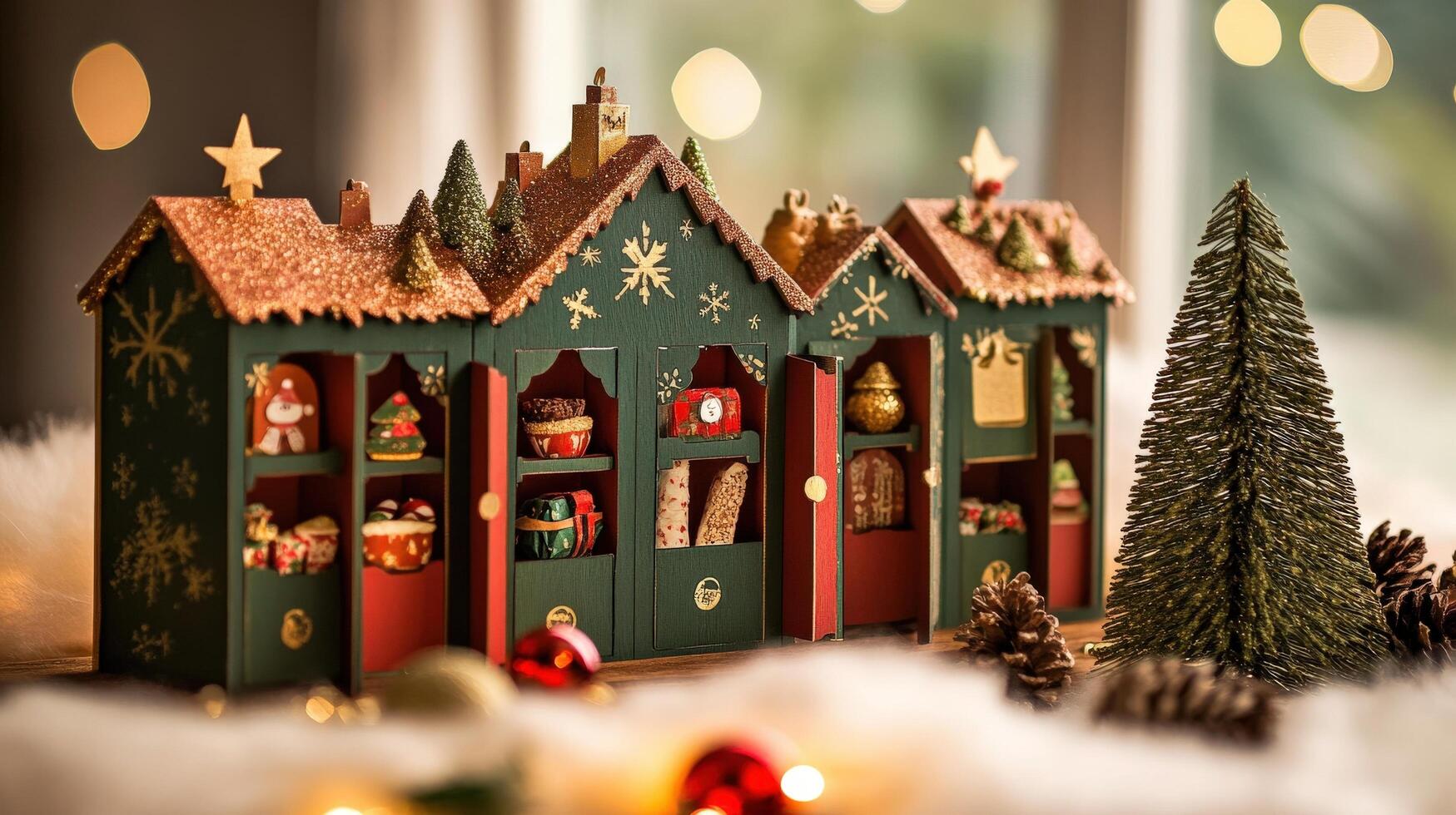A charming Christmas village advent calendar display. photo
