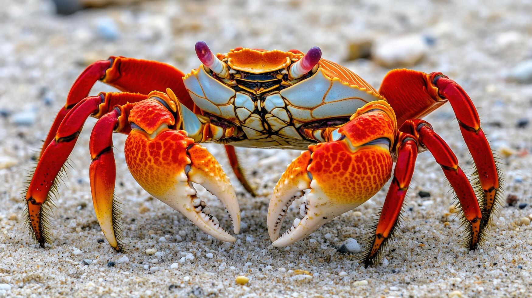 Close-up view of a vibrant orange crab on sandy ground. photo