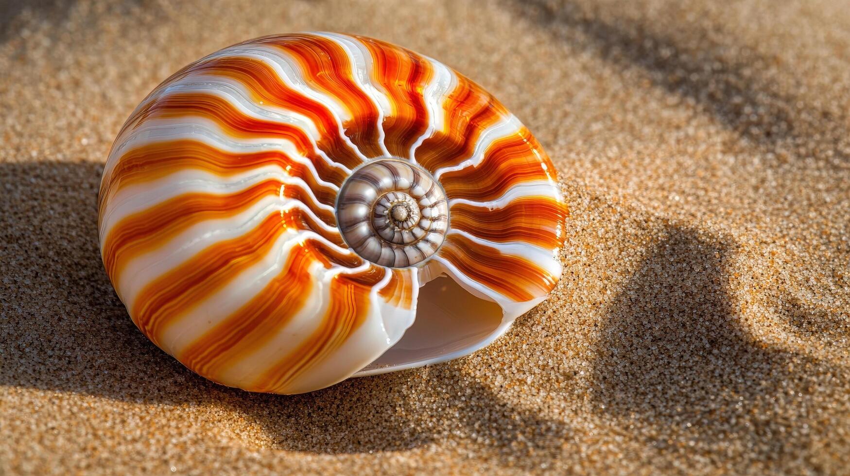 Detailed close-up view of a colorful seashell on sand. photo