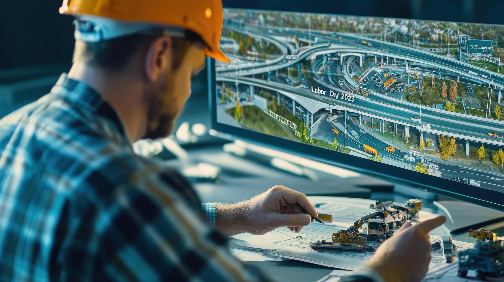 Focused engineer examines highway design on computer screen. photo